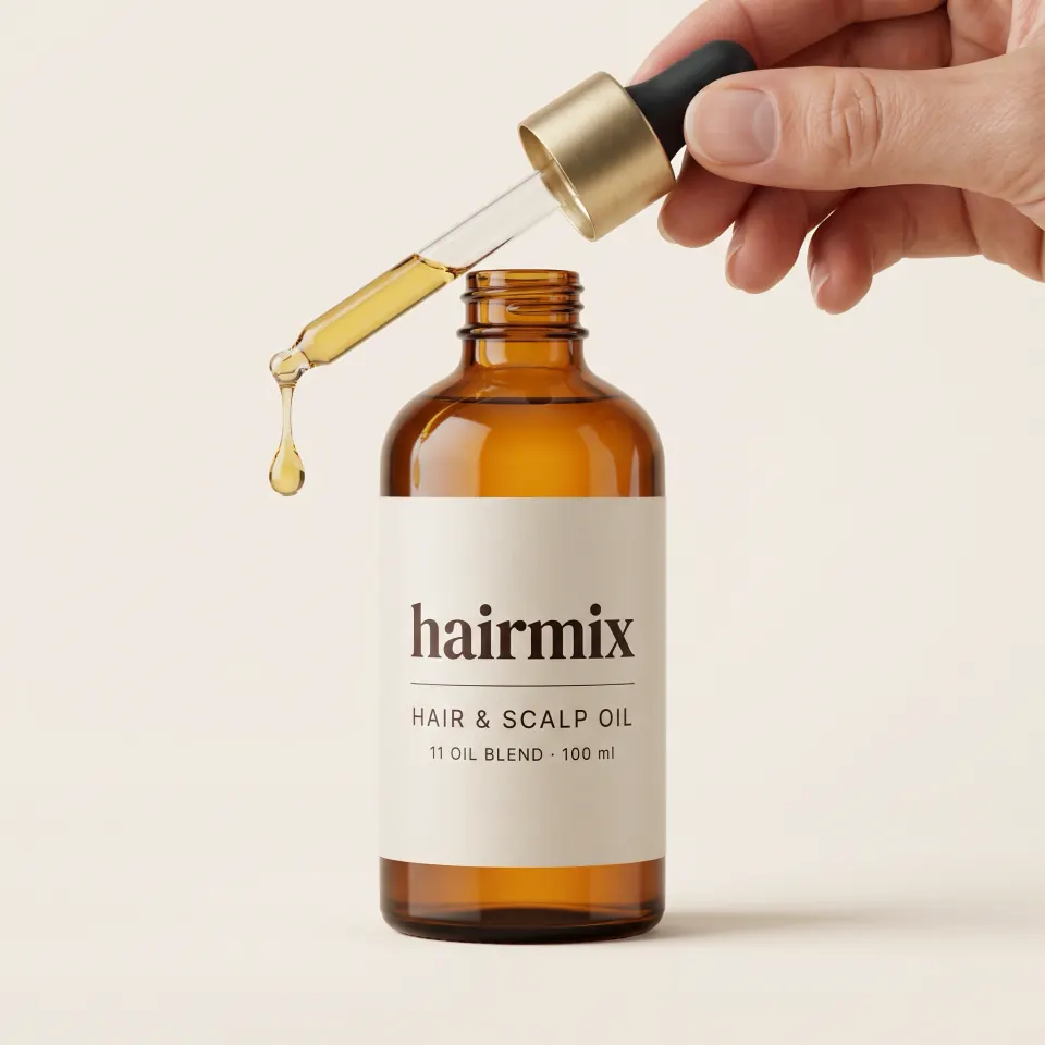 Damlalıktan şişeye damlayan hairmix saç bakım yağı