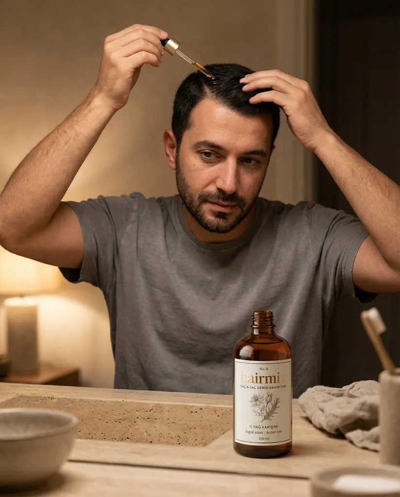 Kısa saçlı bir erkek banyoda damlalıkla saç derisine hairmix damlatıyor