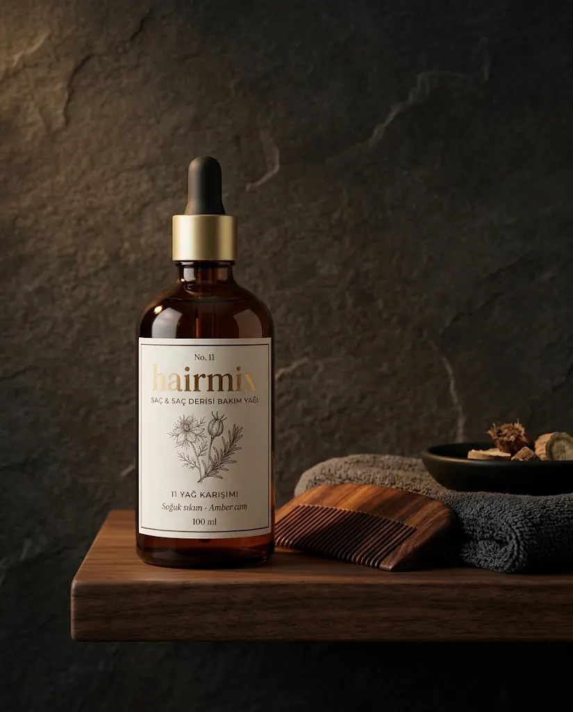 Ceviz raf üzerinde hairmix şişesi, ahşap tarak ve gri havlu