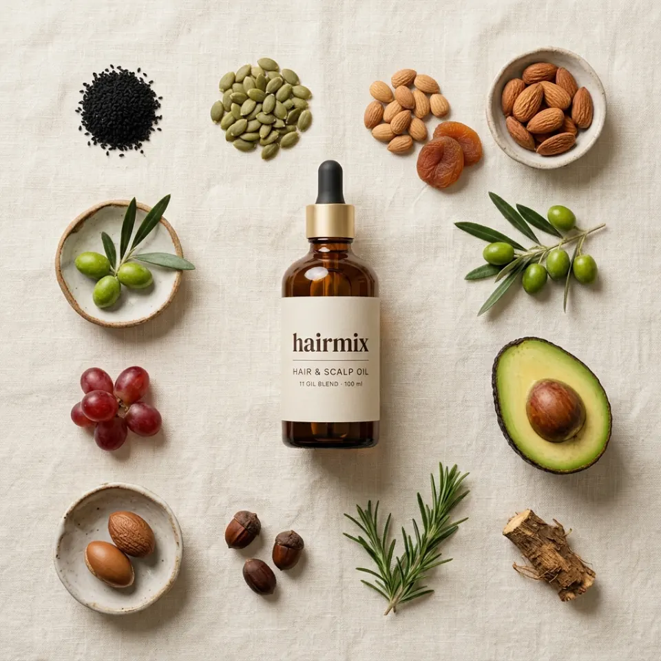 hairmix şişesi ve çevresinde çörek otu, kabak çekirdeği, kayısı çekirdeği, badem, zeytin, avokado, üzüm, argan, jojoba, biberiye ve dulavratotu kökü