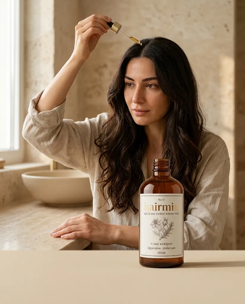 Uzun dalgalı saçlı bir kadın ayrım çizgisine damlalıkla hairmix damlatıyor