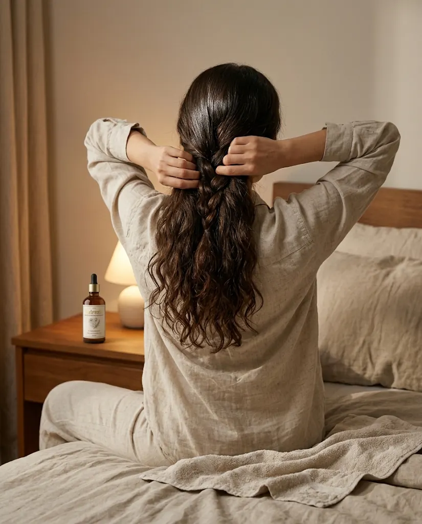 Uzun saçını gece için gevşek örgü yapan kadın, komodinde hairmix şişesi