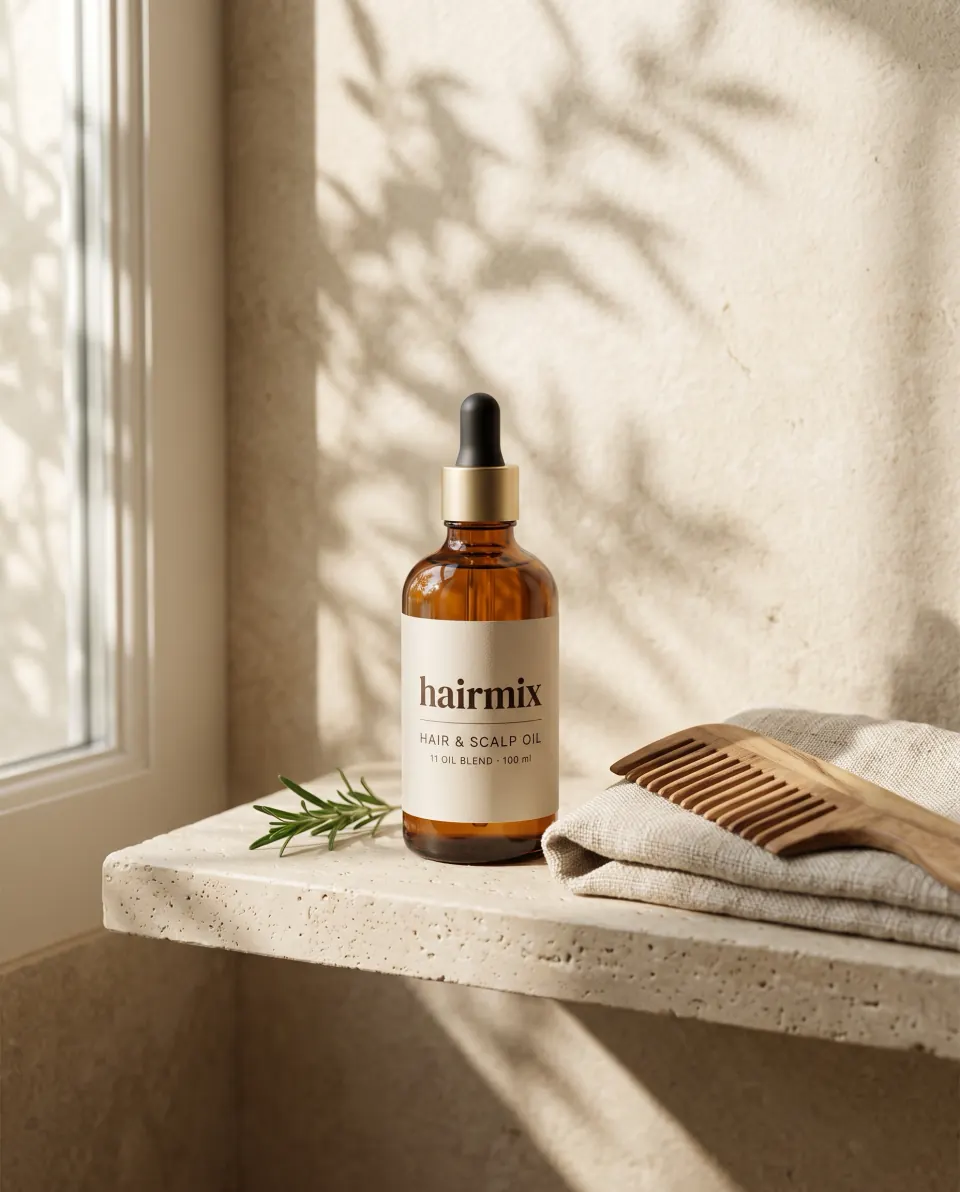 Traverten raf üzerinde hairmix şişesi, keten havlu ve ahşap tarak